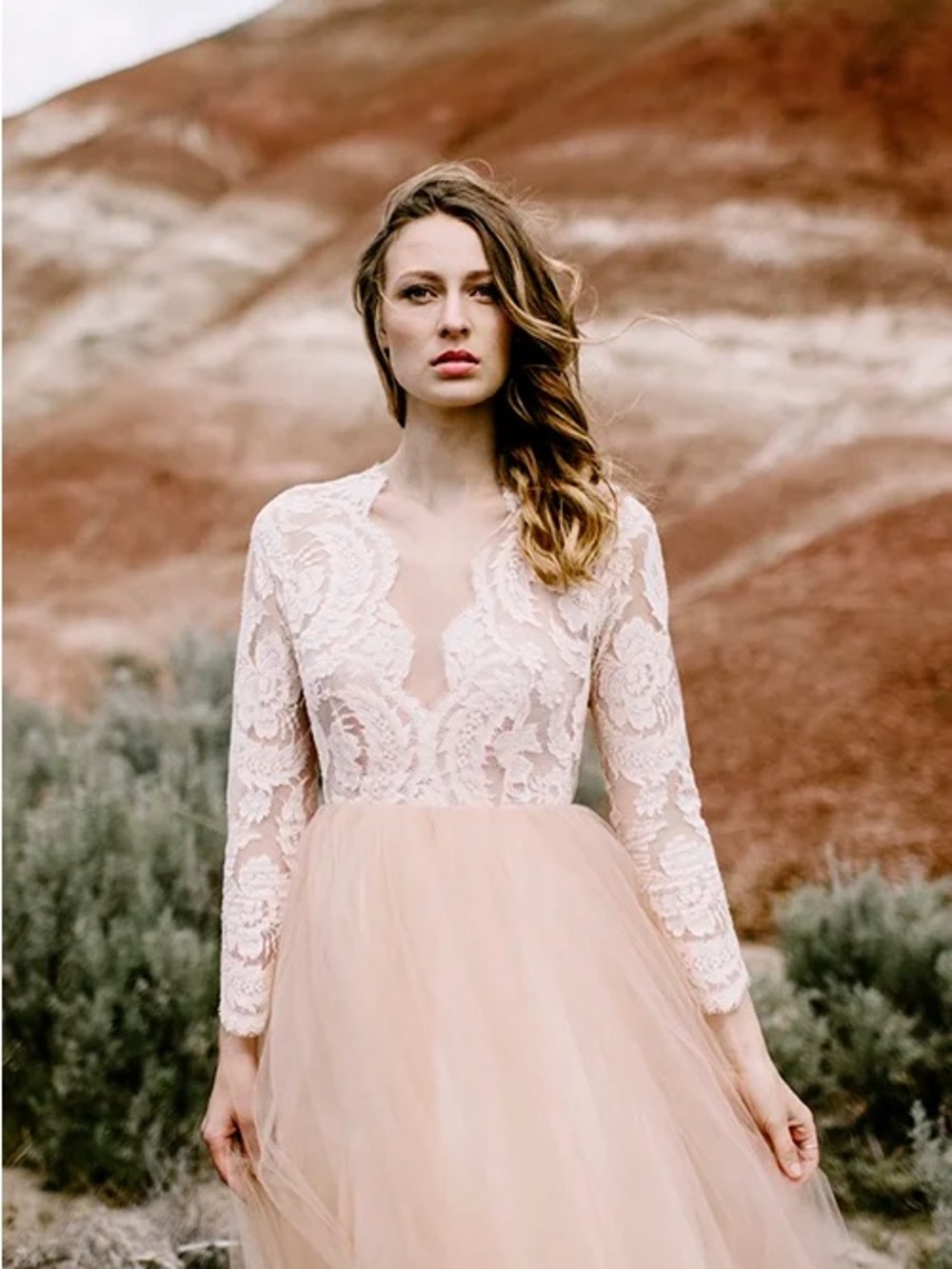 NWOT Elizabeth Dye Paloma Gown Lace Bodice Long Sleeve Tulle Dress in Blush